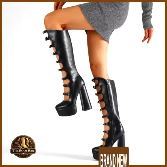 Knee High Platform Boots Chunky Heel Buckle Detail Patent Leather Wide Calf